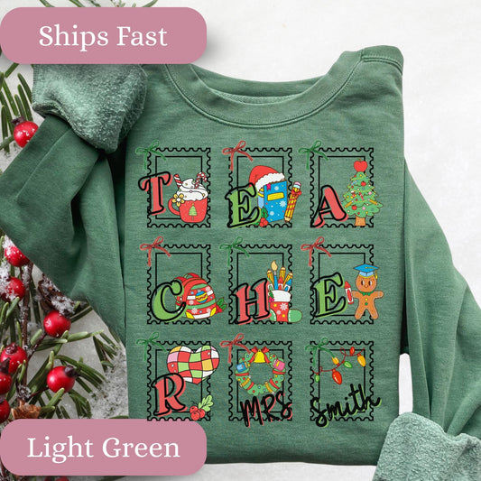 Custom Teacher stamp Christmas winter Comfort Colors®cotton sweatshirt S-3XL