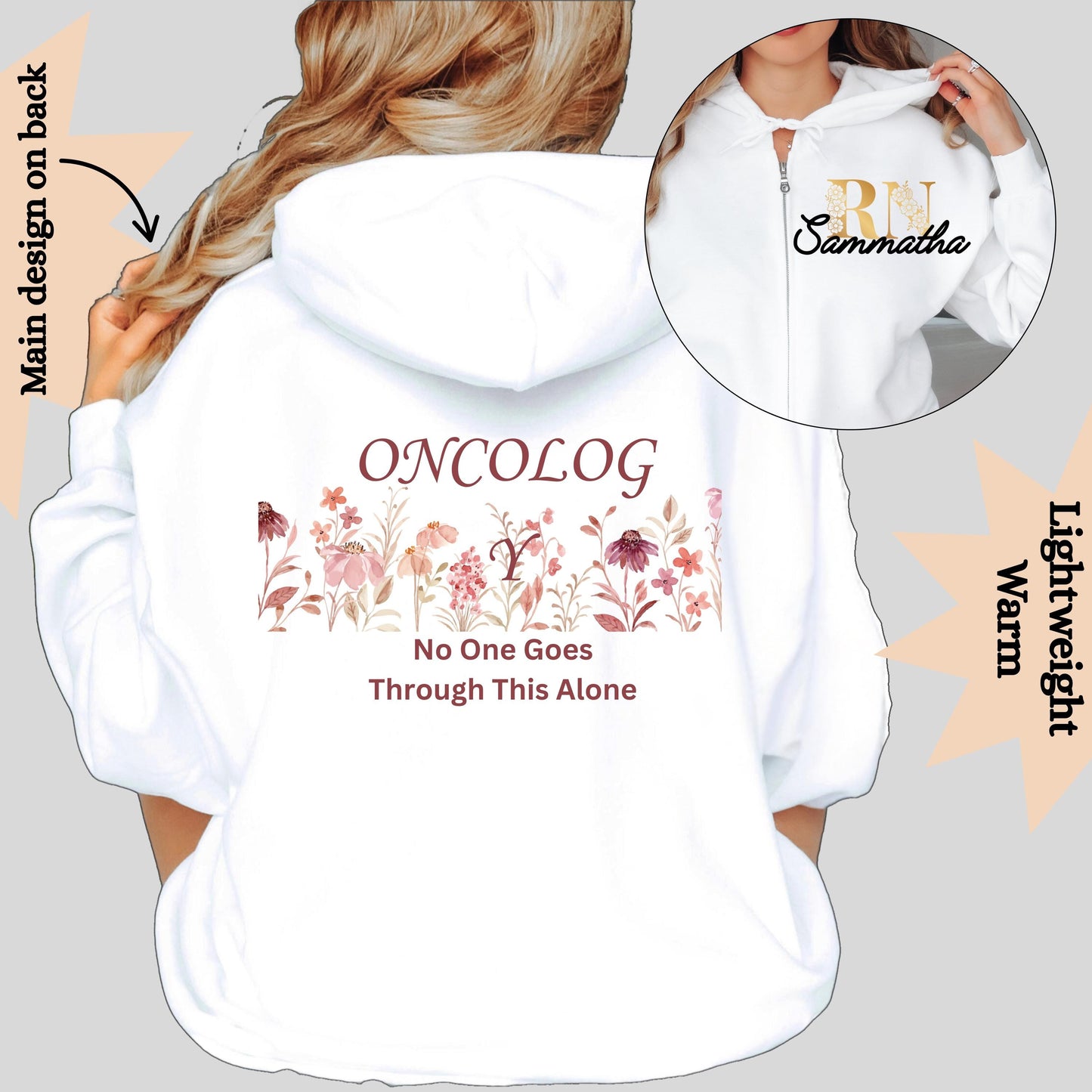 Women’s full zip hoodie with personalized name for oncology nurses with the phrase: no one goes through this alone. perfect gift for oncology nurses.