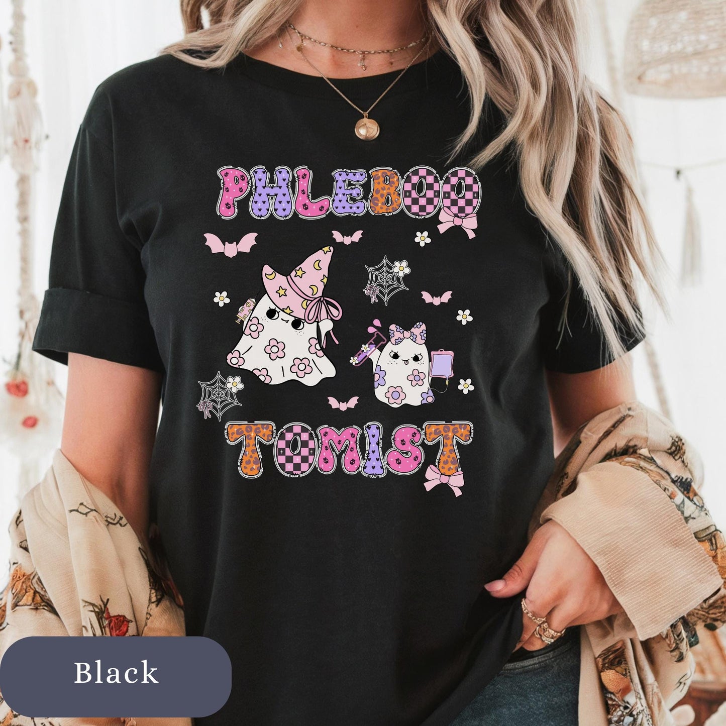 Retro Floral Halloween Boo Crew T-Shirt: Phlebotomist Spooky Season Tee