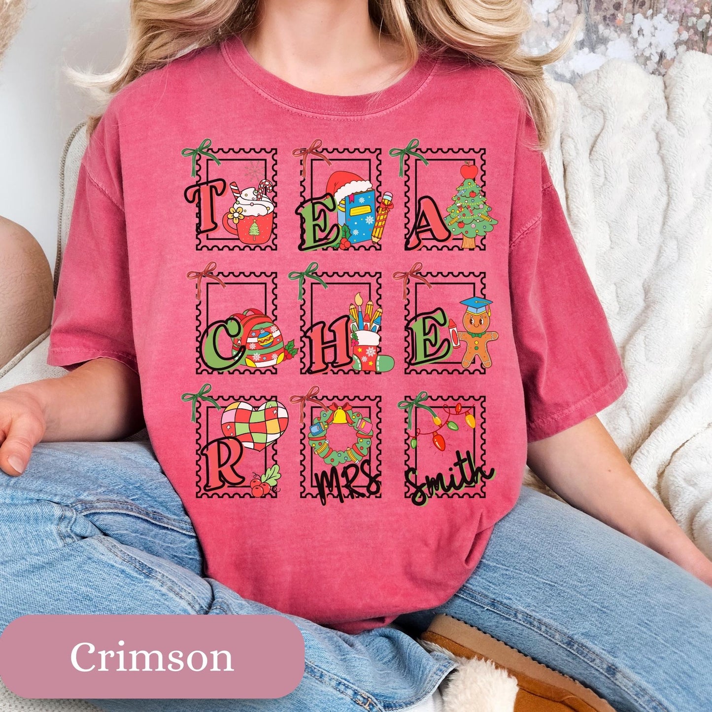 Custom Teacher stamp Christmas winter Comfort Colors®cotton sweatshirt S-3XL