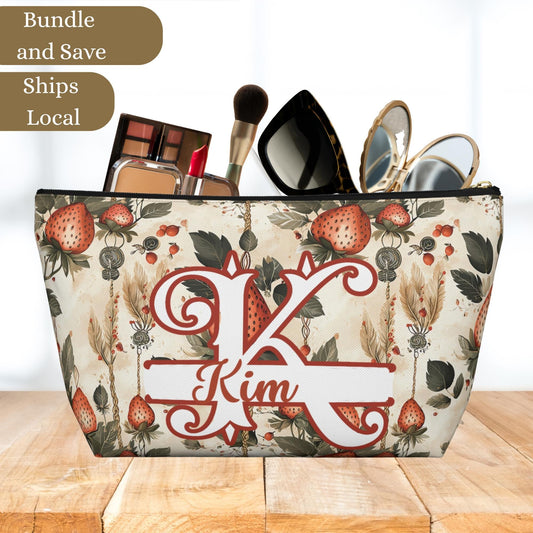 Personalized Strawberry Accessory Pouch: Monogrammed Floral Makeup Bag
