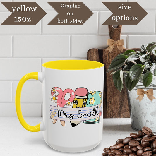 Personalized floral retro boho teacher mug gift idea for back to school coffee cup for educator custom name new teacher coffee lover gift