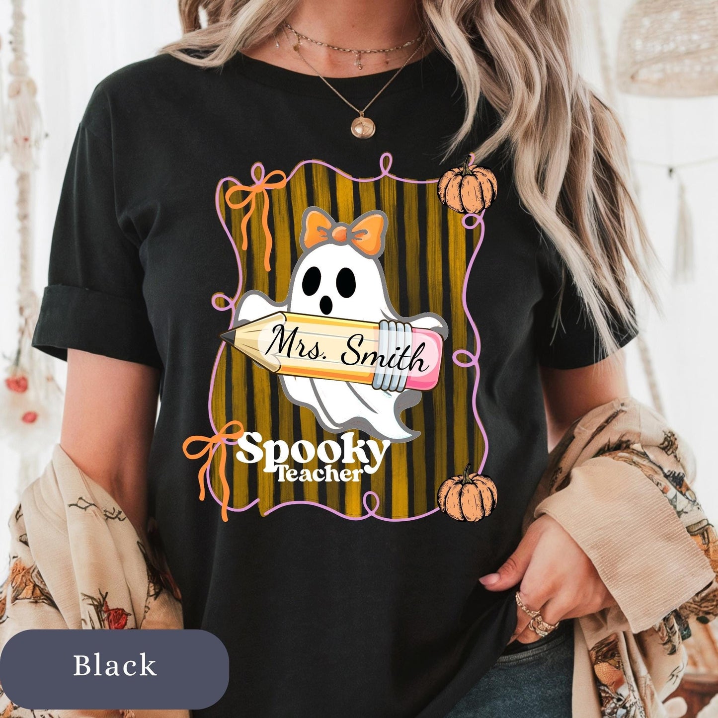 Spooky Retro Ghost Teacher T-Shirt: Halloween Coquette Tee