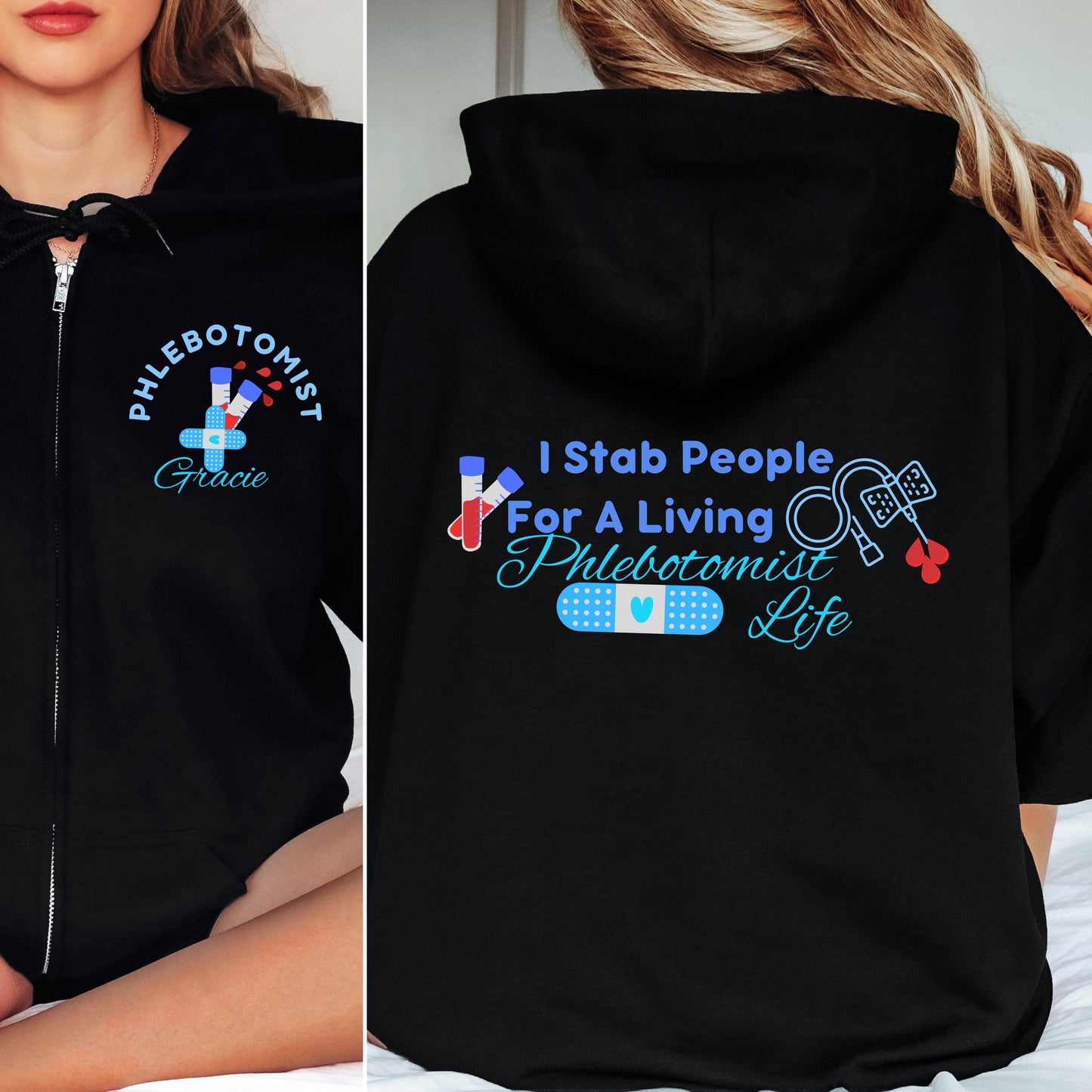 Funny Phlebotomist Zip Hoodie: Vein Finder Humor, Lab Tech Gift