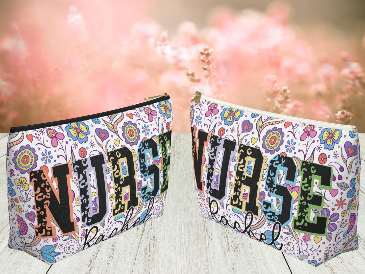 Personalized Nurse Makeup Bag: Floral Cosmetic Pouch, RN/LPN Gift
